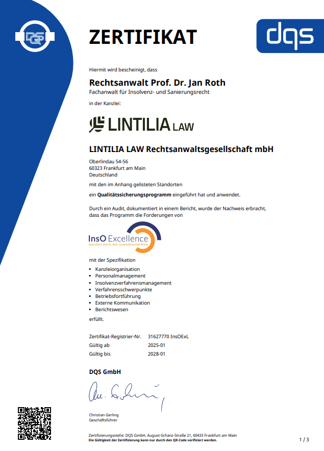 Zertifikat: Qualitäsmanagement InsO Excellence