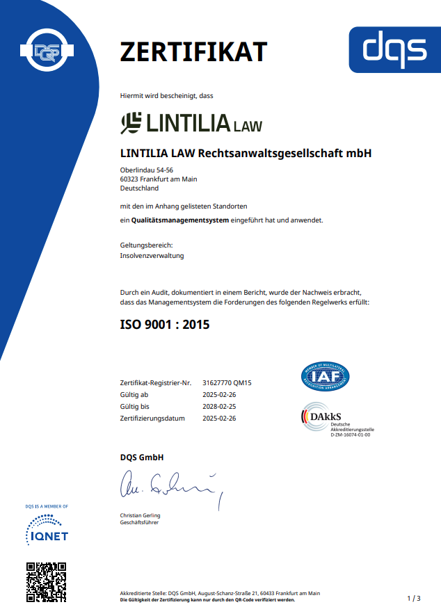 Zertifikat: Qualitäsmanagement ISO 9001 2015